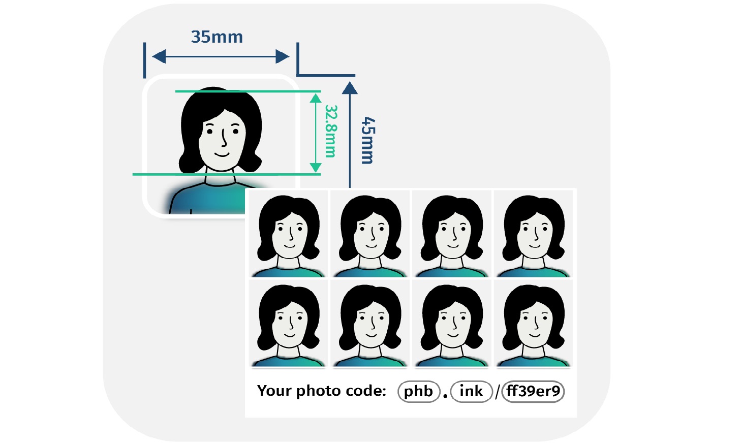 Illustration of 35x45 mm digital passport photo and multiple printed copies