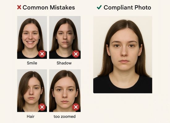 Example of common errors like smiling, shadows, and cropped faces vs a compliant UK passport photo