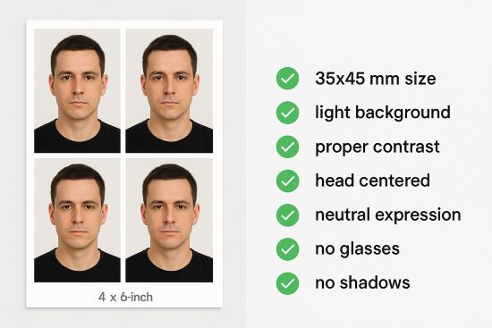 Example of compliant 4x6 inch passport photo template for Big W, with checklist: 35x45 mm size, no glasses, light background, neutral expression