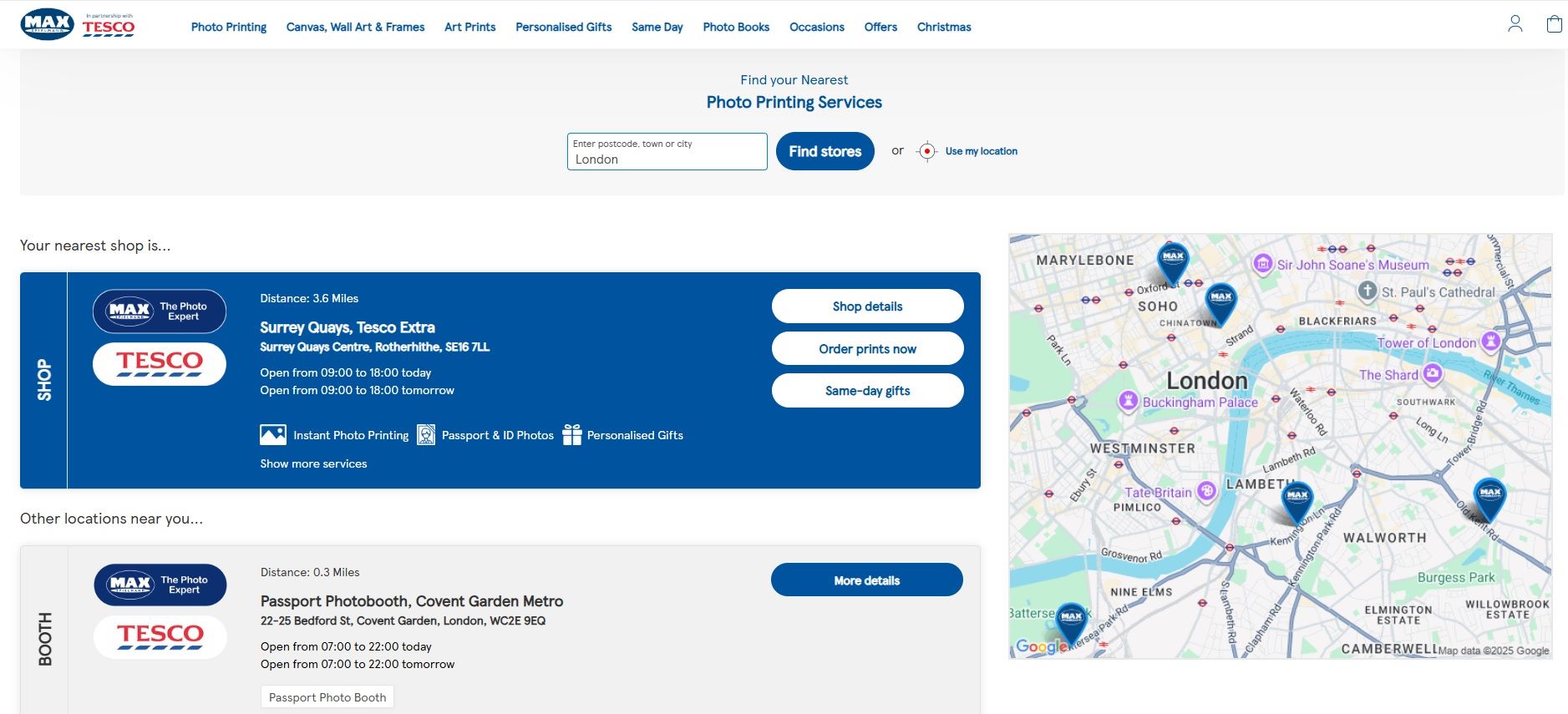 Screenshot of Tesco Photo’s store locator showing passport photo booth locations near London, including a map and store list with 'BOOTH' and 'SHOP' tags