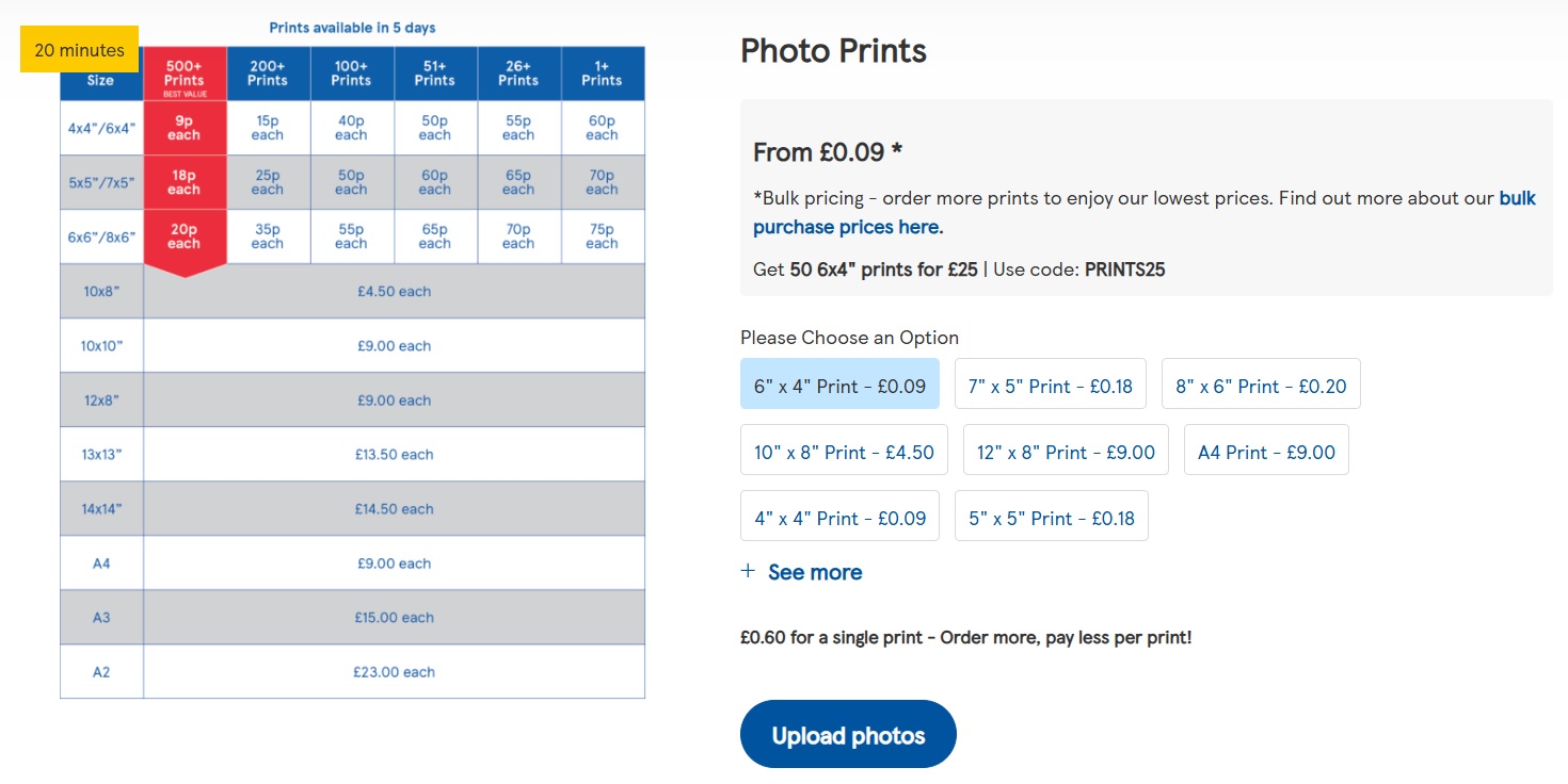Tesco Photo Prints web page showing costs and sizes, including 6x4 option for passport photo templates
