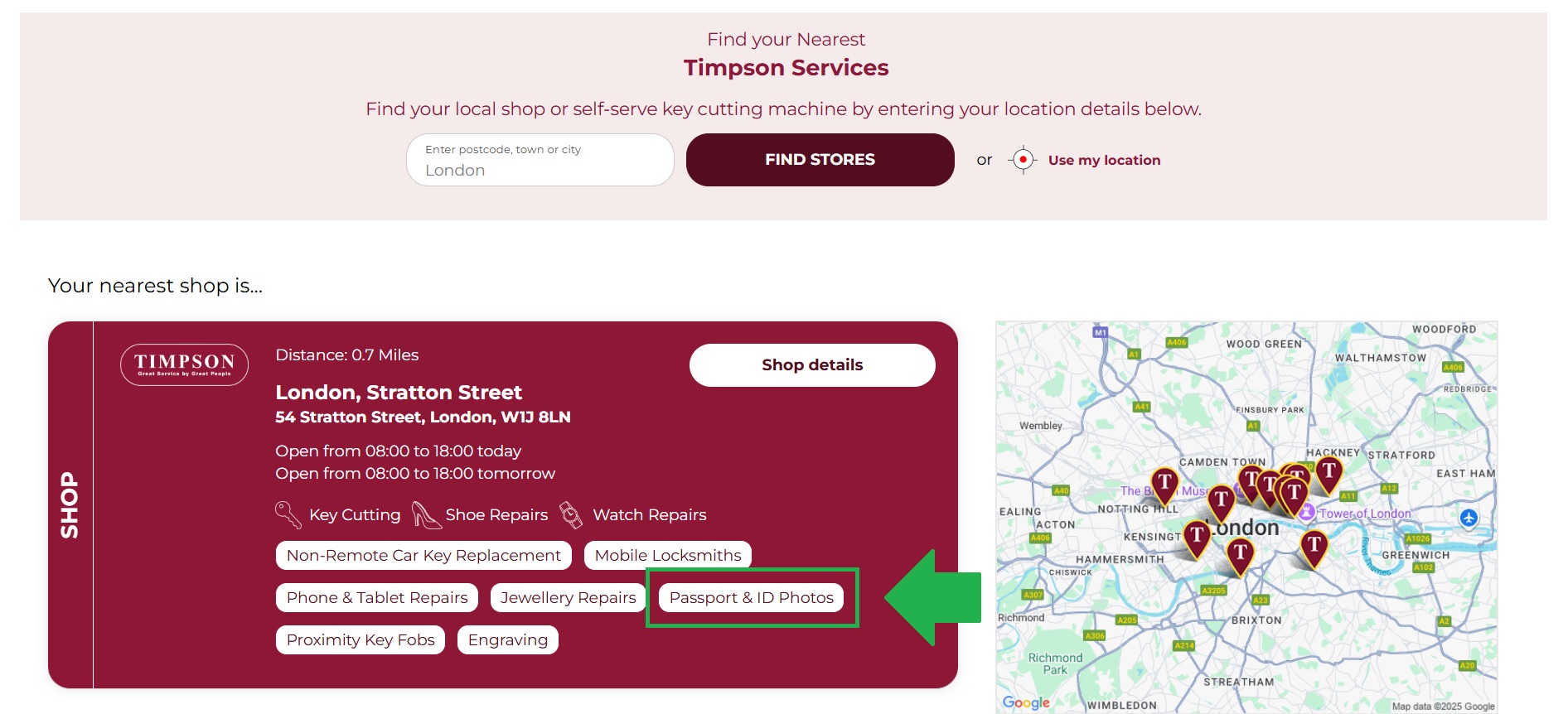 Screenshot of the Timpson store locator showing passport photo availability in London, highlighted with a green box and arrow, alongside a map of nearby store locations.