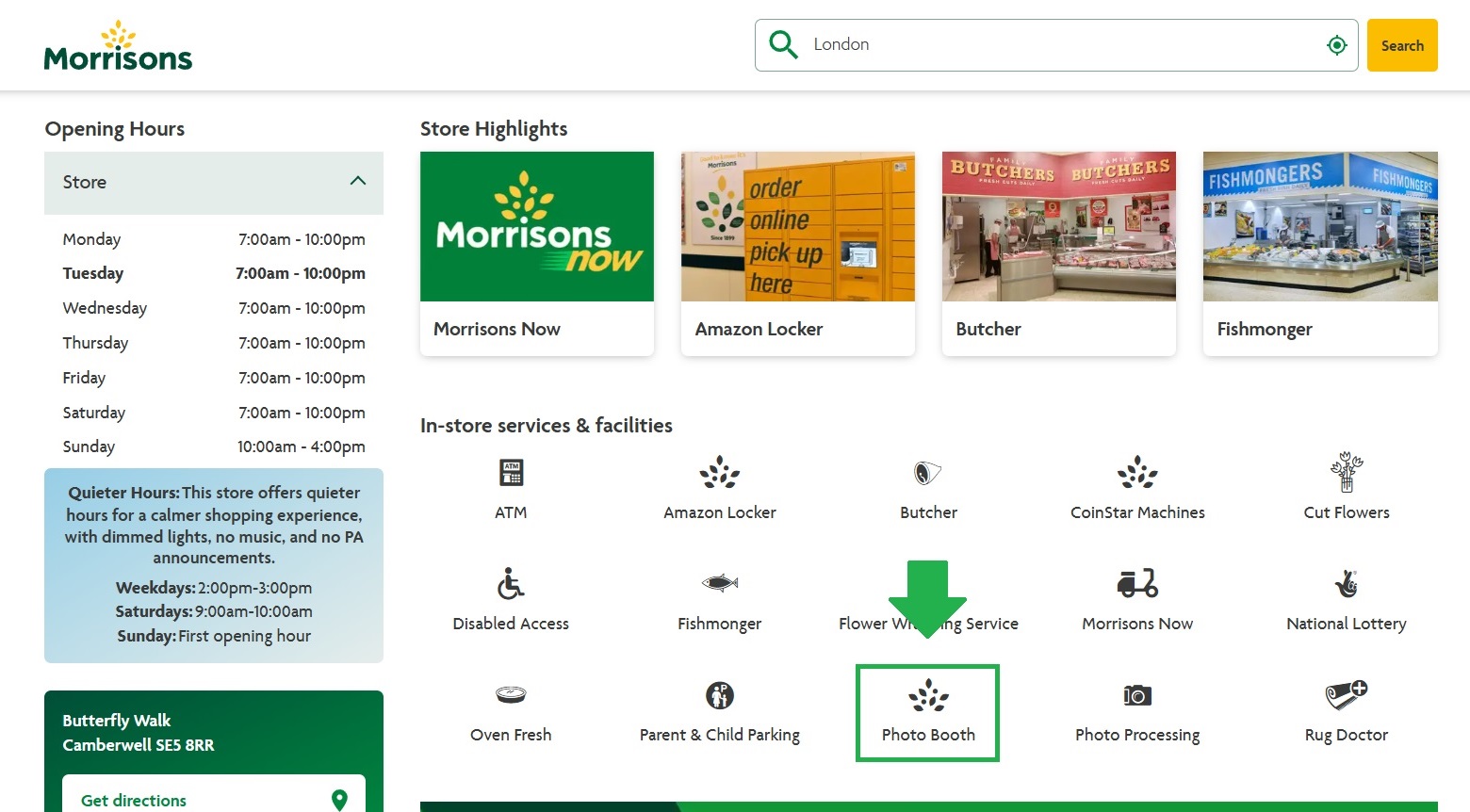 Example of a Morrisons store page showing the “Photo Booth” icon in the in-store services section.
