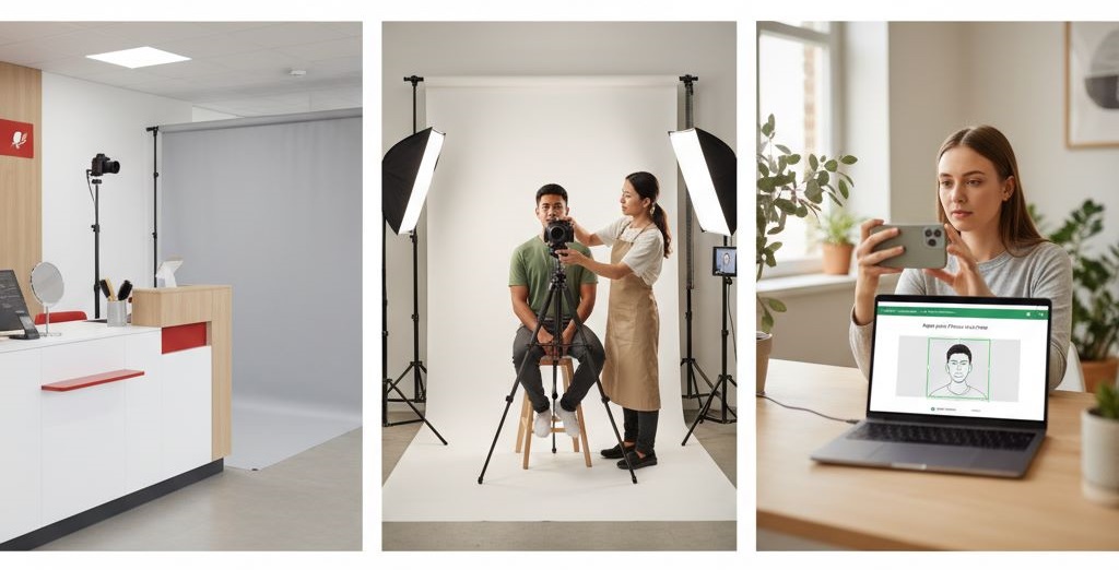 Examples of where to get Australian passport photos nearby, including a store counter, a professional photo studio, and an online photo tool at home.