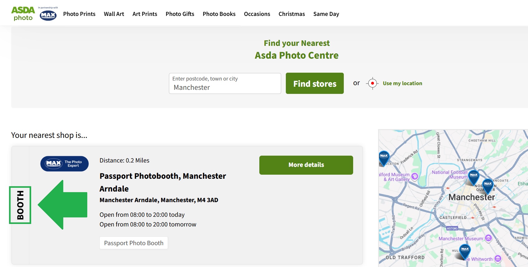 Screenshot of Asda store finder showing a passport photo booth location in Manchester, including a map and store address with 'BOOTH' tag