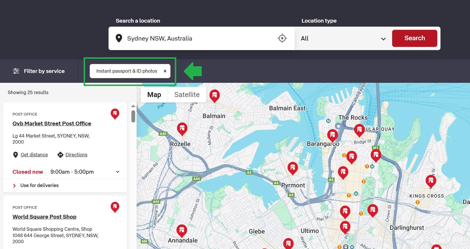 Australia Post office locator filtered by Instant passport & ID photo service in Sydney map view