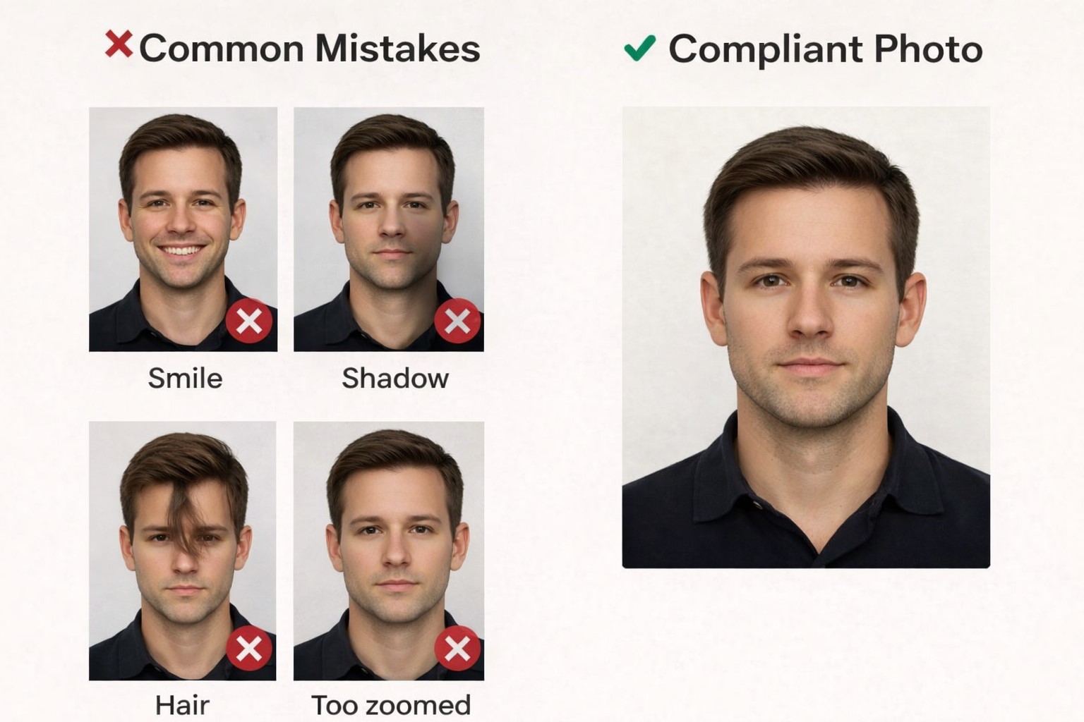 UK passport photo example showing common mistakes compared to a compliant male passport photo