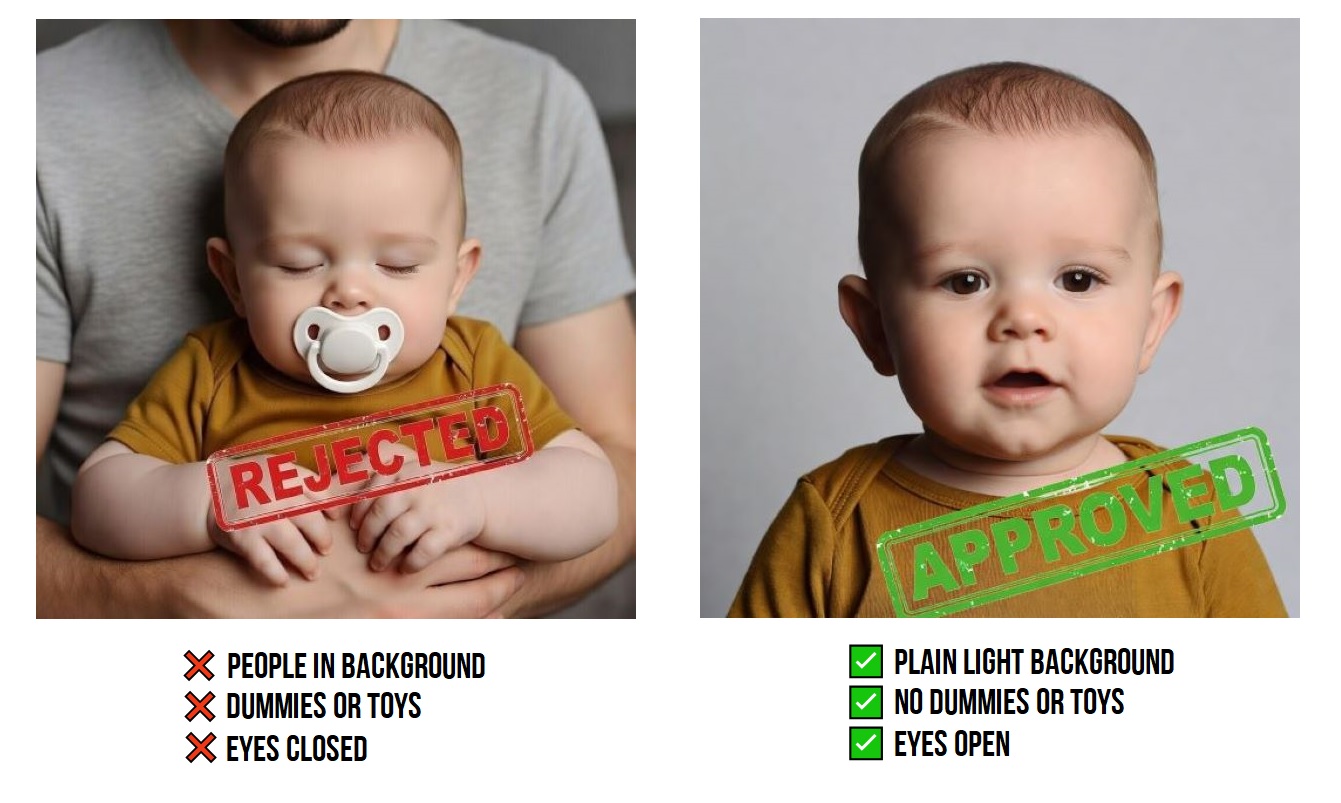 comparison of rejected baby passport photo (eyes closed, pacifier, parent visible) vs. approved photo (eyes open, plain background)