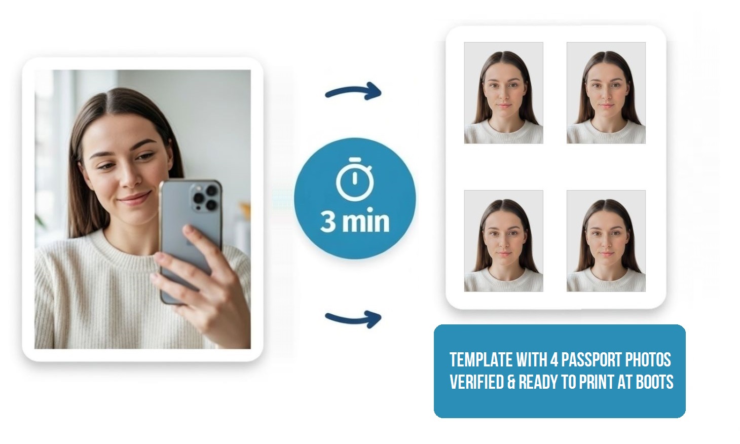 the process of turning a casual selfie into a passport photo template ready for printing at Boots