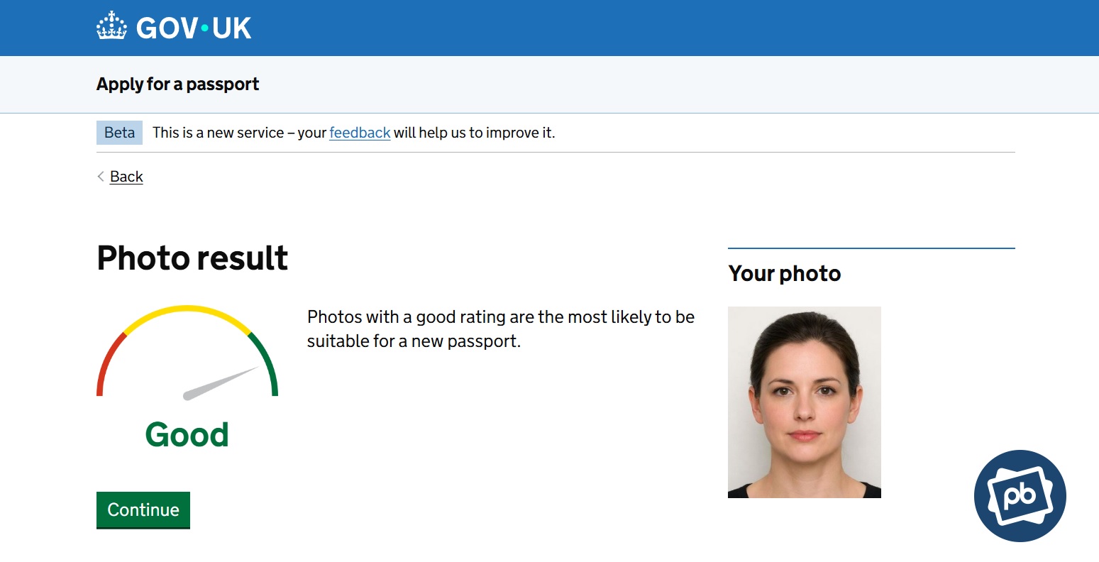 a UK passport photo made in PhotoBooth Online and verified in the GOV.UK passport photo checker