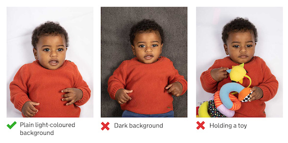 Official GOV UK example showing correct and incorrect baby and child ID photo compositions.