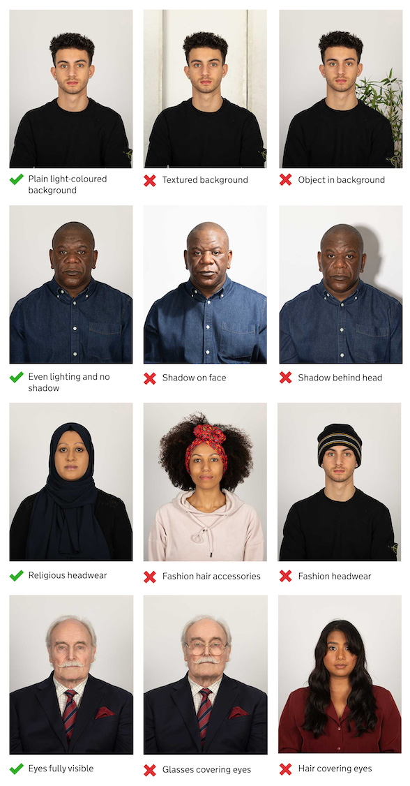 Official GOV UK example showing correct and incorrect adult ID photo compositions.