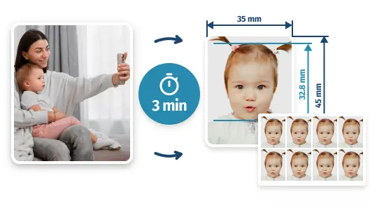 Infographic: casual at-home baby photo becomes a compliant Australian passport portrait with a print-ready sheet