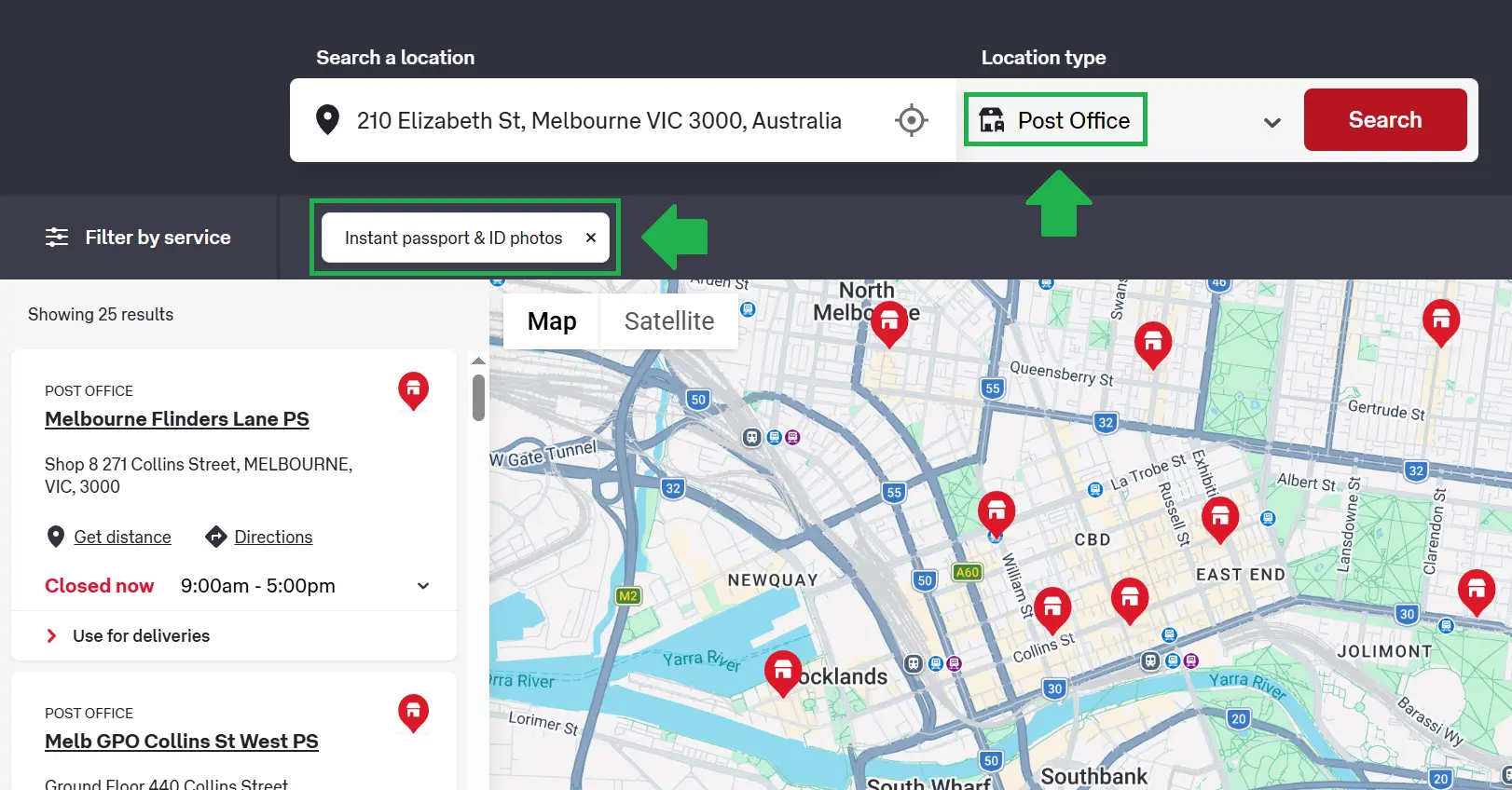 Australia Post office locator filtered by Instant passport & ID photo service in Melbourne map view