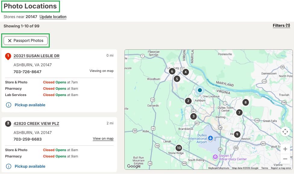 Screenshot of Walgreens store finder showing a passport photo locations, including a map and store address