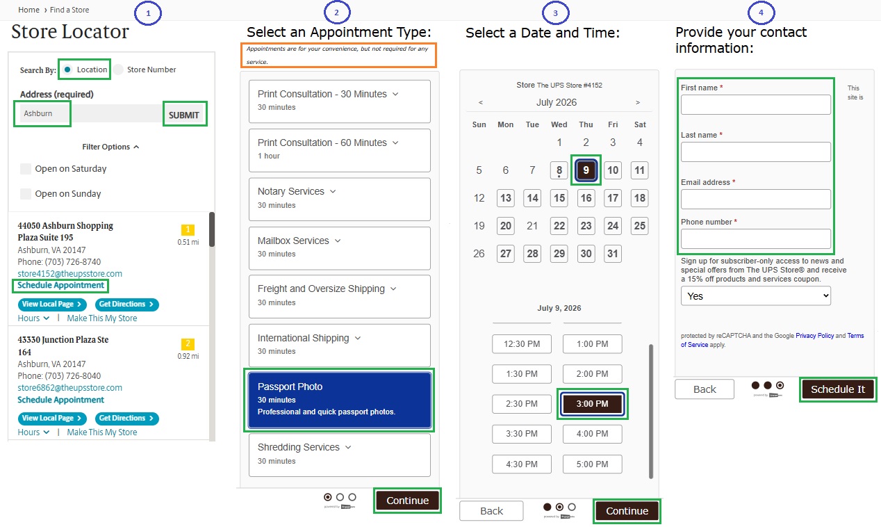 Screenshot of The UPS store locator showing how to find the nearest store, check availability of passport photo service and schedule an appointment