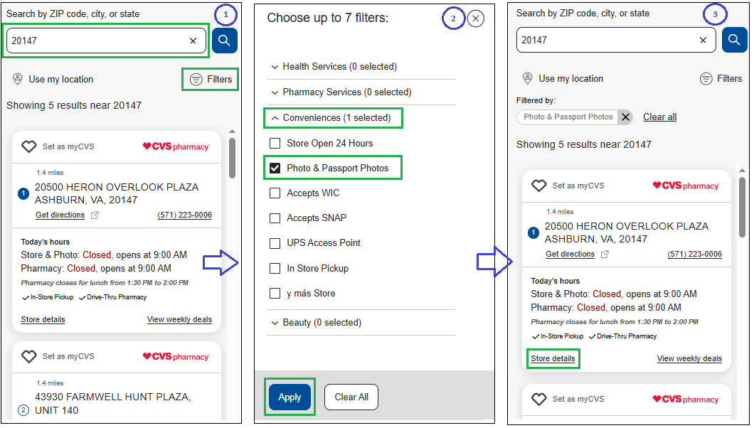 Image showing how to find the nearest CVS store with passport photo service with CVS store locator - steps 1-3