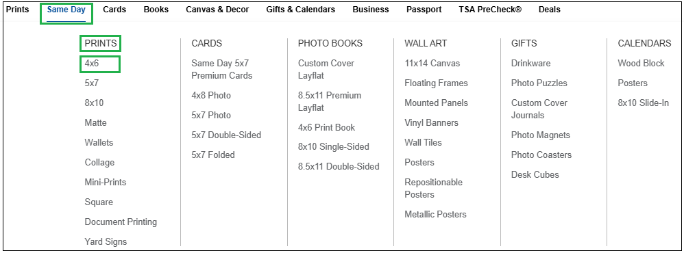 Screenshot showing how to order 4x6 print at cvs