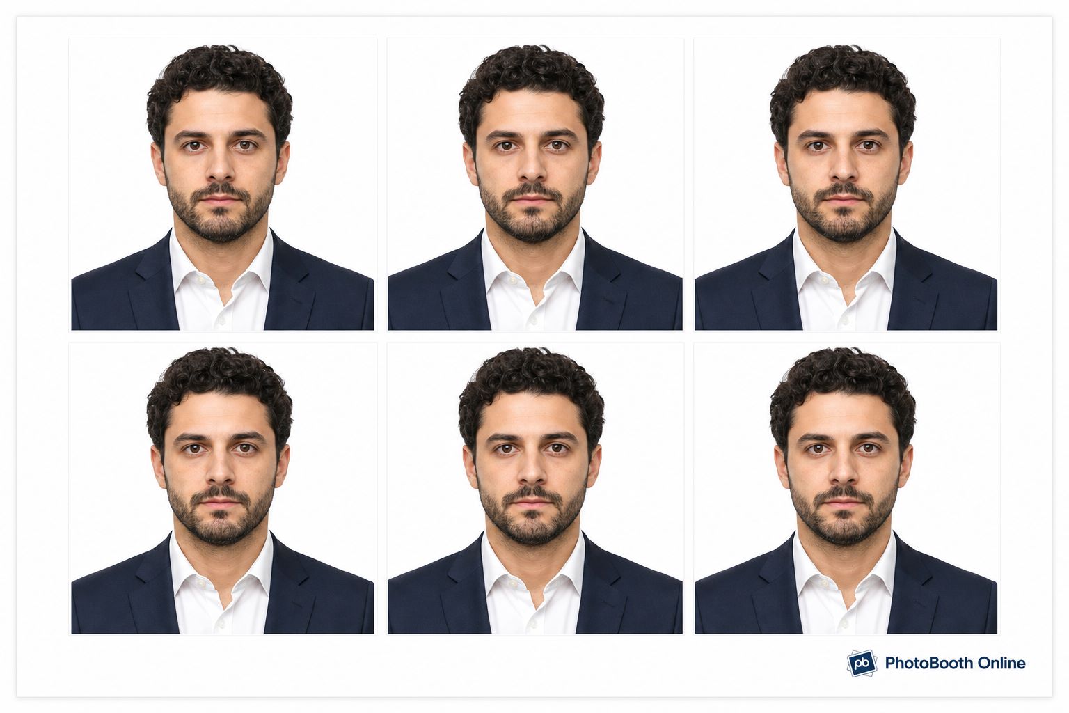 Example of a 4×6 passport photo template: six identical 2×2 inch U.S. passport photos on one print-ready sheet with PhotoBooth Online branding