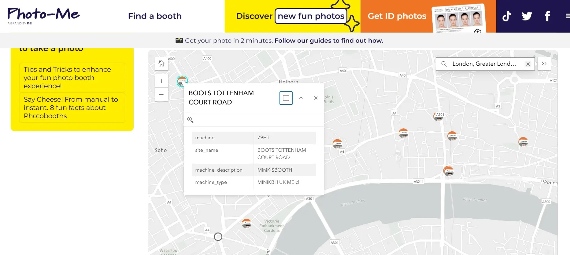 Photo-Me booth finder showing a map of London with a Boots photo booth address selected.