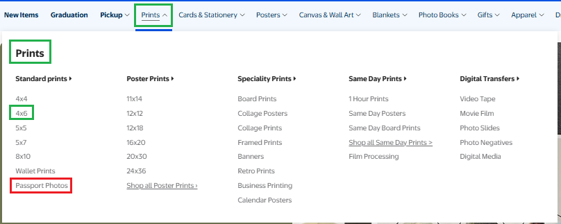 Walmart Photo: Prints menu with Standard 4×6 for a passport template print