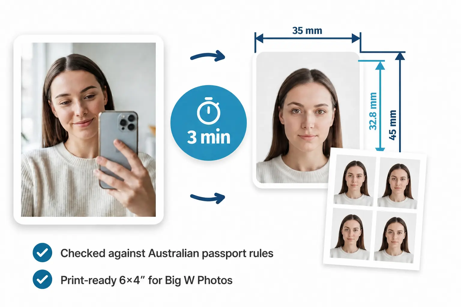 Infographic showing how to turn a regular picture into a print-ready Big W passport photo template.