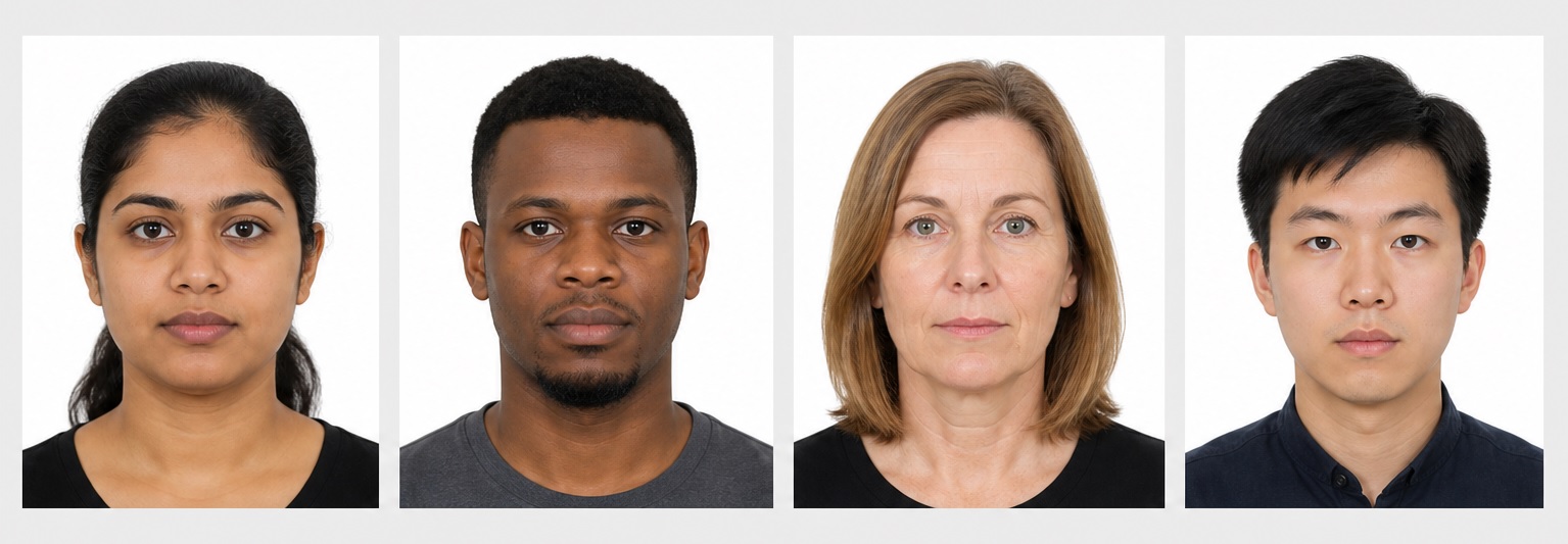 Four compliant DV Lottery photo examples: full face to camera, neutral expression, both eyes open, plain white background, no glasses or hats