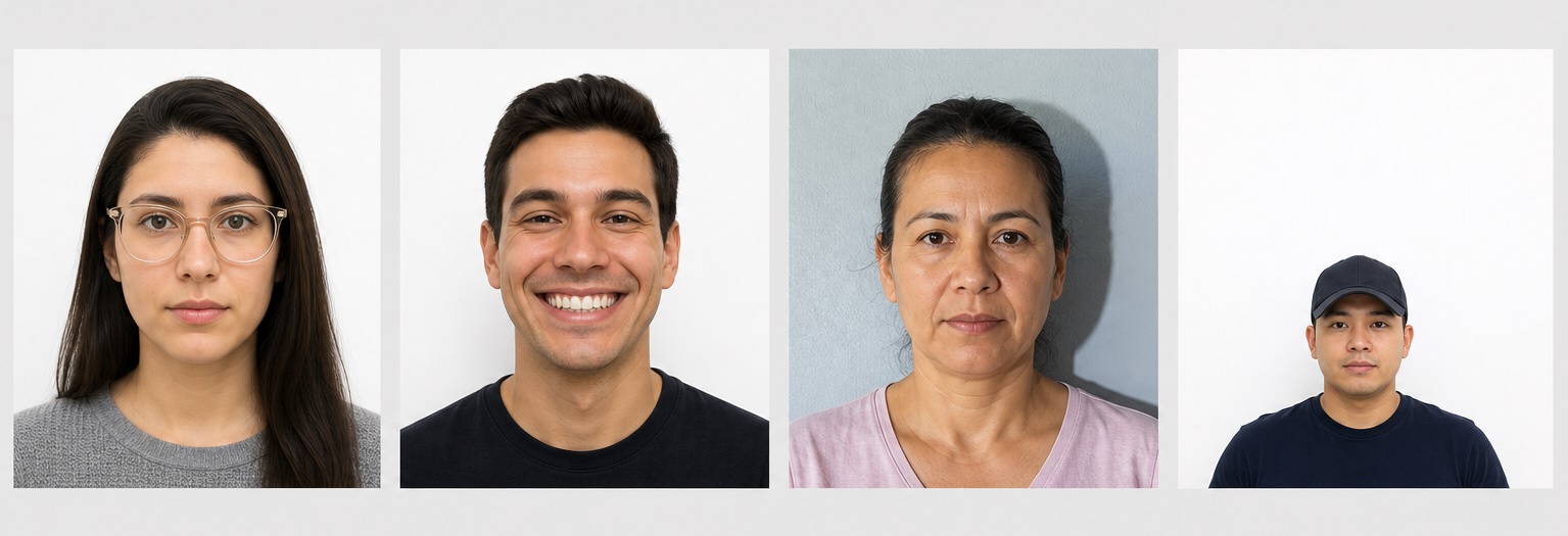 Four rejected DV Lottery photo examples: eyeglasses, broad smile, shadowed non-white background, baseball cap with head too small in frame