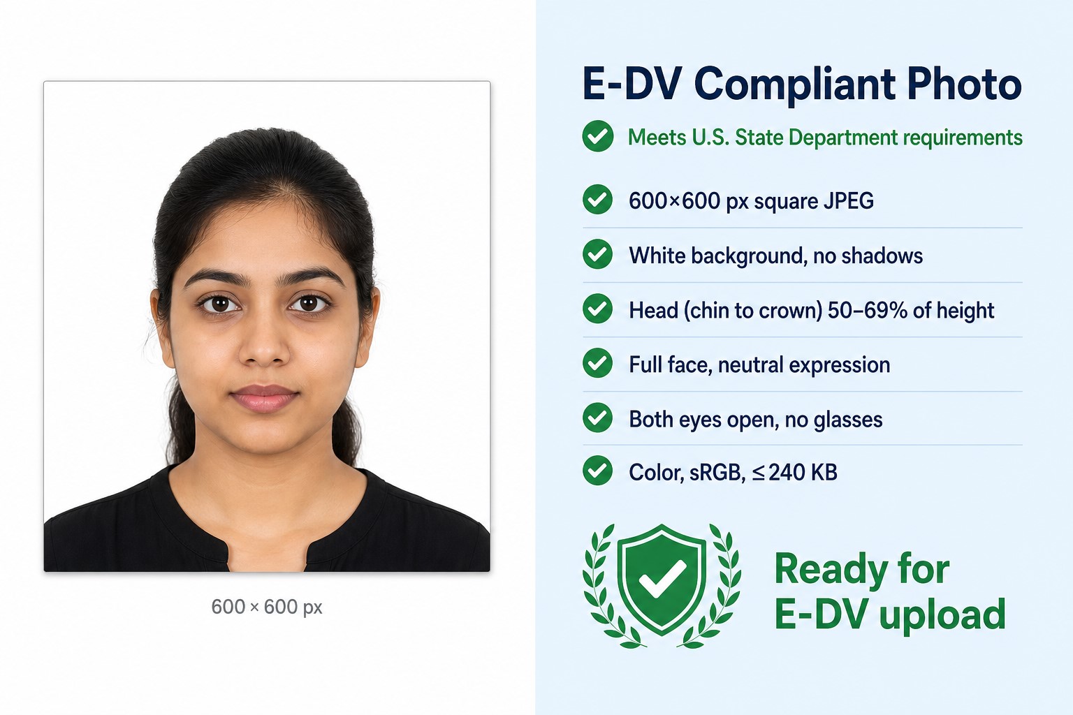 E-DV compliant DV Lottery photo example with checklist of U.S. State Department requirements: 600×600 px square JPEG, white background, head 50–69% of height, neutral expression, no glasses, color sRGB under 240 KB