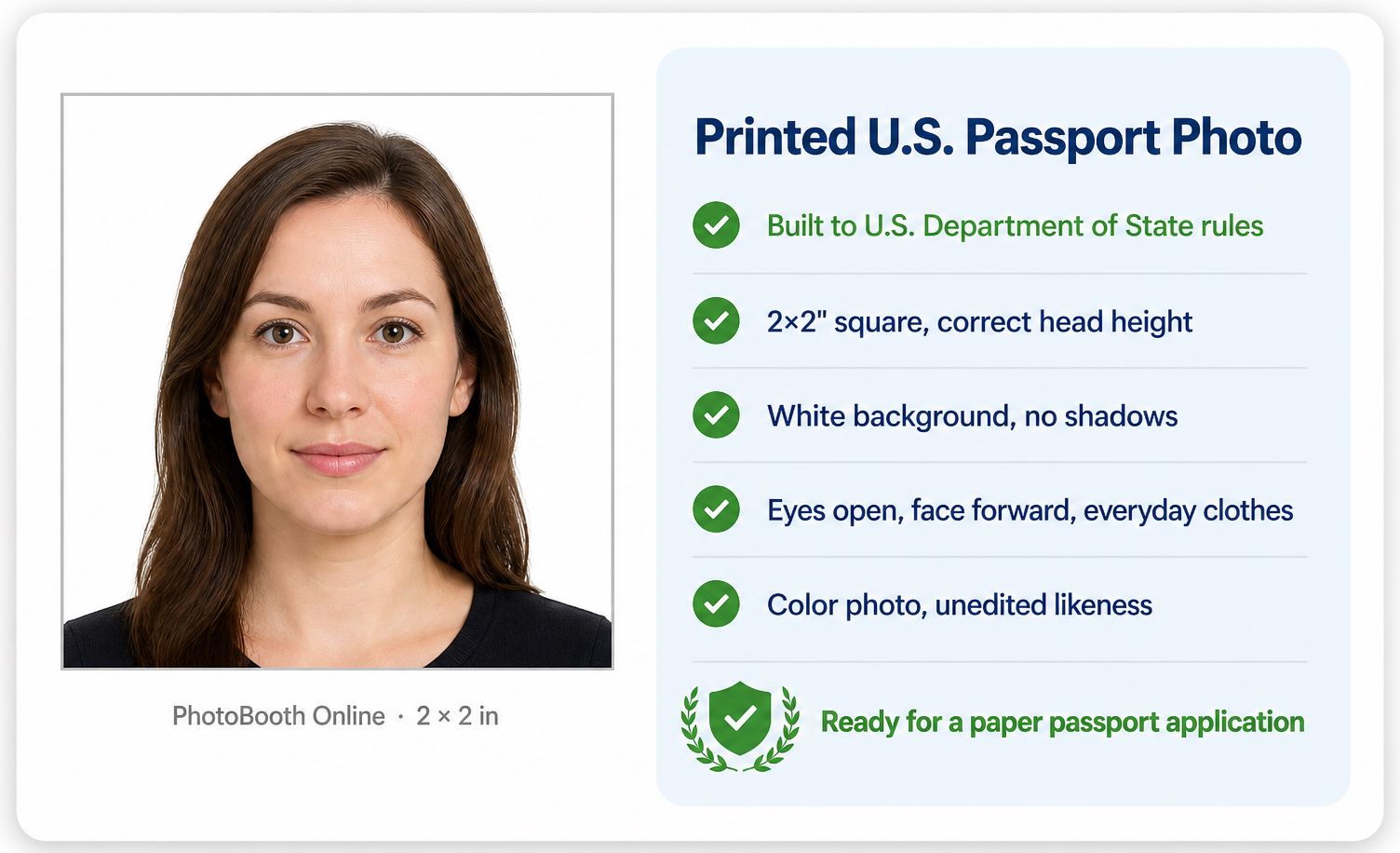 PhotoBooth Online printed U.S. passport photo example — 2×2 inch photo of a woman on a white background with a checklist of Department of State rules for a paper passport application