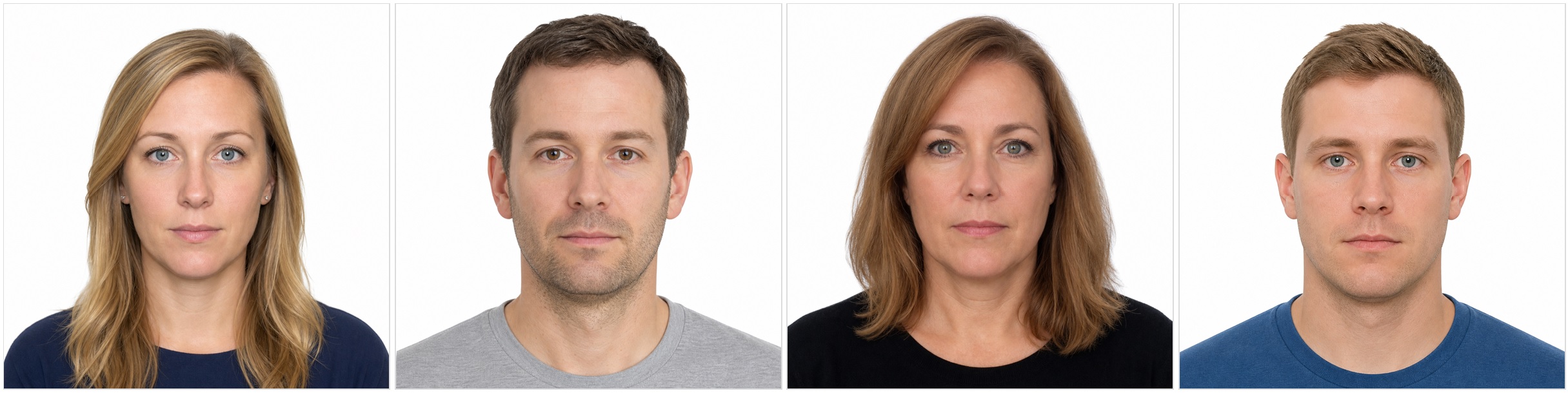 Four acceptable U.S. passport photo examples on a plain white background — face forward, eyes open, mouth closed, everyday clothes